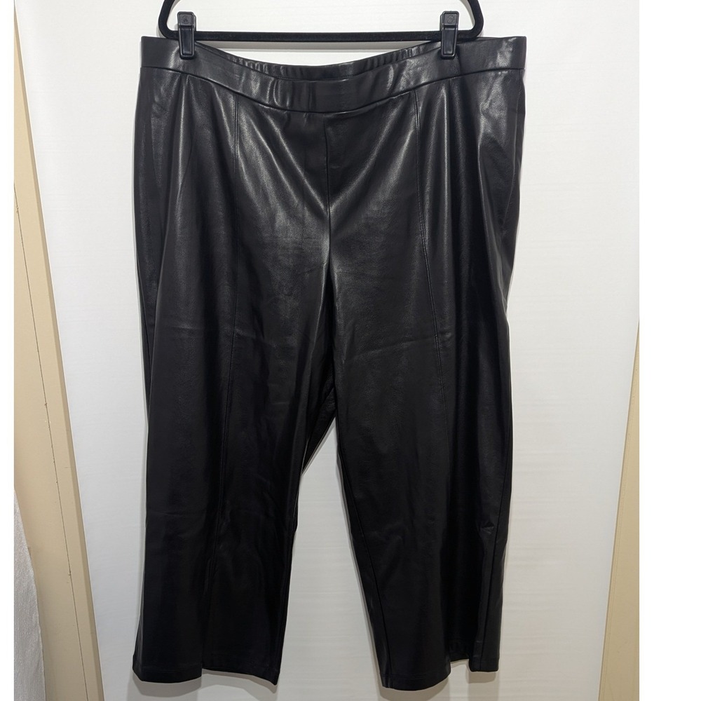 Susan Graver Faux Leather Pull On Pants Womens 3XP Black Wide Leg Cropped